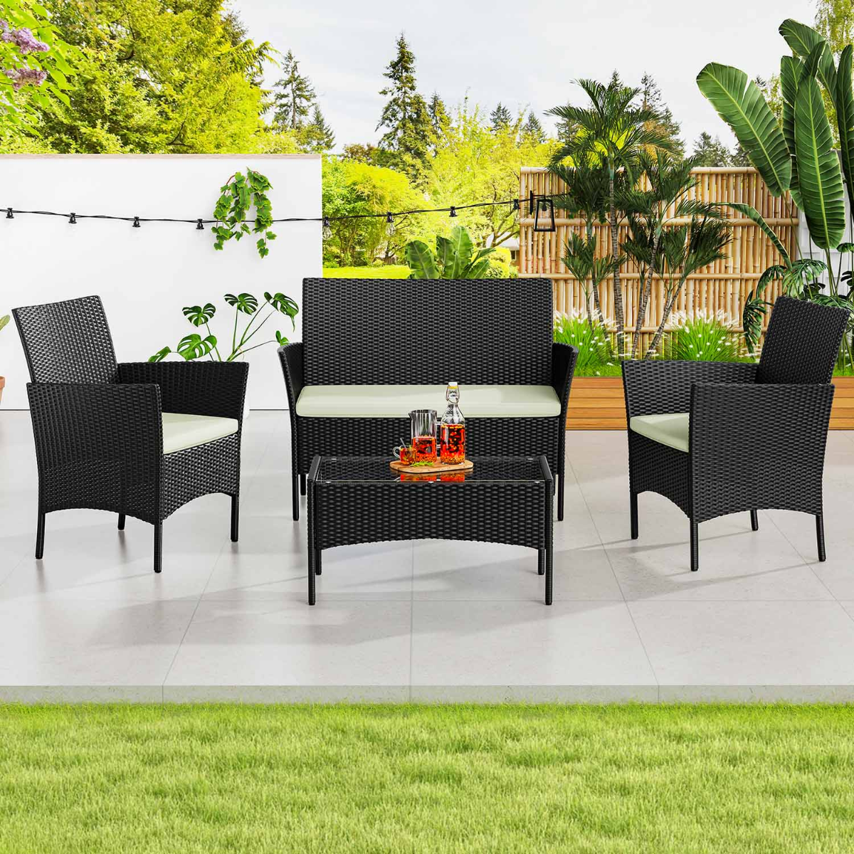 4-Seater Rattan Garden Furniture Patio Conversation Set with 2 Single Chairs, 1 Double Sofa and 1 Table